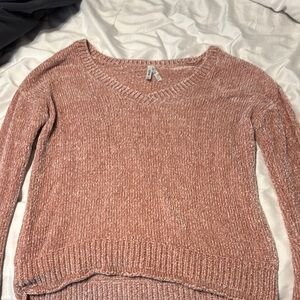 Very soft pink velvety v-neck sweater